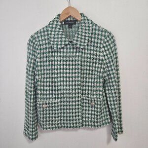 ST. JOHN Houndstooth Tweed Knit Jacket Sz 6 Green White Wool Blend